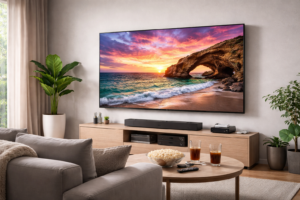 Grote 75 inch QLED televisie aan de muur in een moderne woonkamer met filmavondsetting