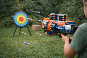 Kind gebruikt een dartblaster om op een doelwit te schieten tijdens buitenspelen