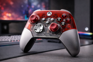 Xbox Pulse Cipher Special Edition controller met transparante rode behuizing op een gaming-desk