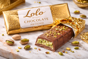 Luxe pistache chocolade reep met romige vulling en gouden verpakking