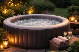 Opblaasbare spa met bubbelmassage in een sfeervol verlichte tuin