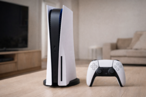 PlayStation 5 Slim Disc Edition met DualSense-controller in een moderne woonkamer