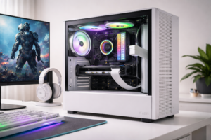 Witte gaming pc met RGB-verlichting op een moderne gaming-desk