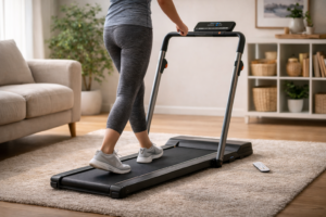 Inklapbare elektrische loopband voor wandelen in een rustige woonkamer