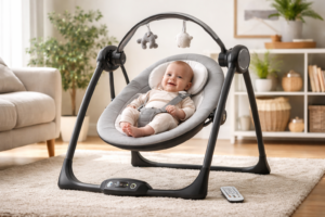 Baby ligt ontspannen in een elektrische babyswing in een rustige woonkamer