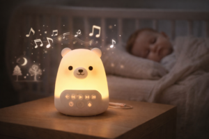 Zacht nachtlampje met white noise naast een slapende baby in de babykamer