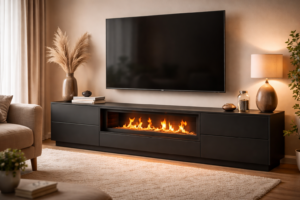 Modern tv-meubel met bio-ethanol sfeerhaard en echte vlammen in een warme woonkamer
