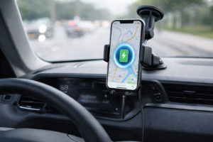 R2B telefoonhouder met draadloze oplader in de auto waarbij een smartphone navigatie toont
