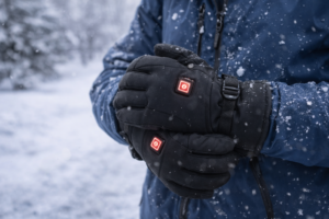 R2B verwarmde handschoenen gedragen tijdens winterse omstandigheden met vallende sneeuw