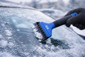 R2B ijskrabber met ijsbreker in gebruik op een bevroren autoruit tijdens een winterochtend