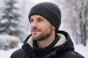 R2B wintermuts gedragen door een persoon tijdens een winterse dag in een besneeuwde omgeving