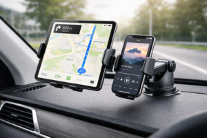 R2B tablet- en telefoonhouder bevestigd in de auto met tablet zichtbaar tijdens het rijden