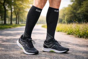 R2B sport compressiekousen gedragen tijdens hardlopen op een buitenpad
