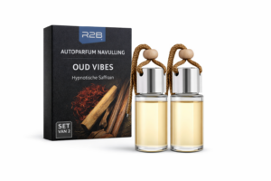 R2B autoparfum navulling Oud Vibes met saffraan geur in glazen flesjes
