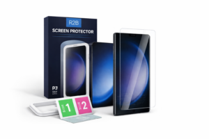 R2B screenprotector voor Samsung Galaxy S23 Ultra met installatieframe en accessoires