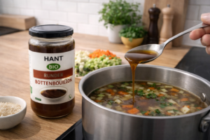HANT runder bottenbouillon wordt toegevoegd aan een pan met soep in de keuken