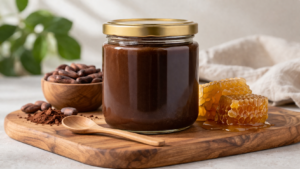 HANT BIO melicao chocovervanger met honing en cacao in glazen pot op houten plank