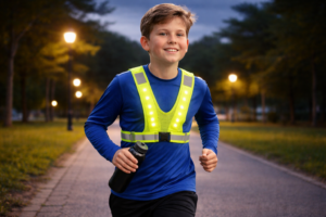 R2B hardloopvest met verlichting gedragen door een kind tijdens hardlopen in het donker