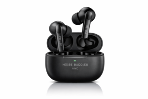 Noise Buddies Pulse zwarte draadloze oordopjes met oplaadcase op bureau