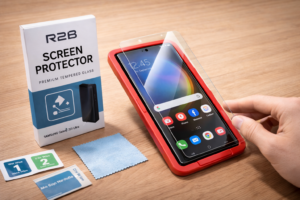 R2B screenprotector wordt aangebracht op een Samsung Galaxy S23 Ultra smartphone