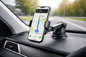 R2B telefoonhouder met elektrische zuignap bevestigd op het dashboard van een auto met smartphone