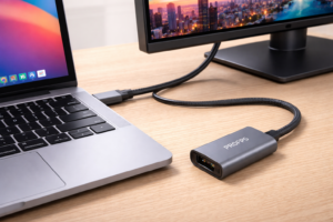 PROFPS USB-C naar HDMI adapter aangesloten op een laptop en extern beeldscherm