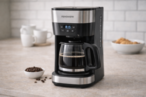 Novaware filterkoffiezetapparaat met glazen kan op een keukenaanrecht