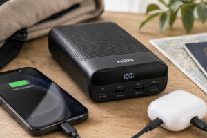 R2B powerbank 30000 mAh met smartphone en draadloze accessoires op tafel