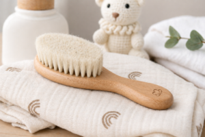 HANT baby haarborstel van natuurlijk geitenhaar met houten handvat op zachte doek