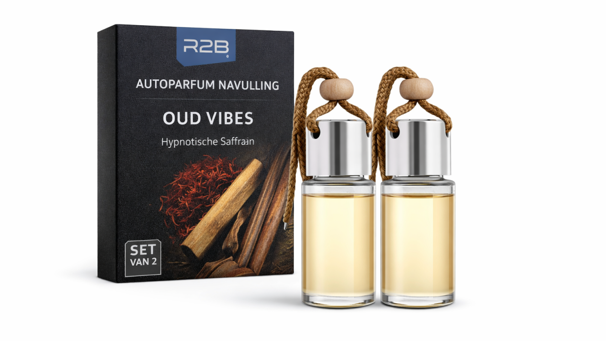 R2B autoparfum navulling Oud Vibes met saffraan geur in glazen flesjes