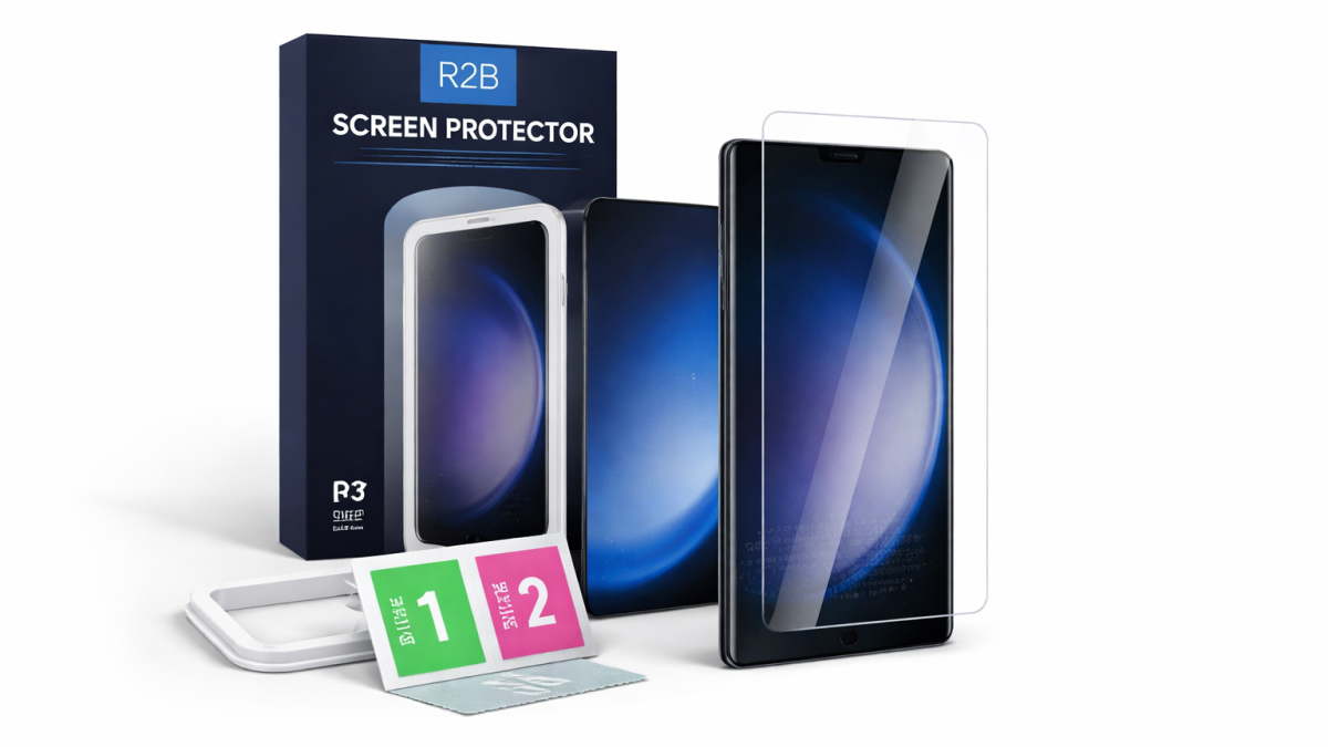 R2B screenprotector voor Samsung Galaxy S23 Ultra met installatieframe en accessoires
