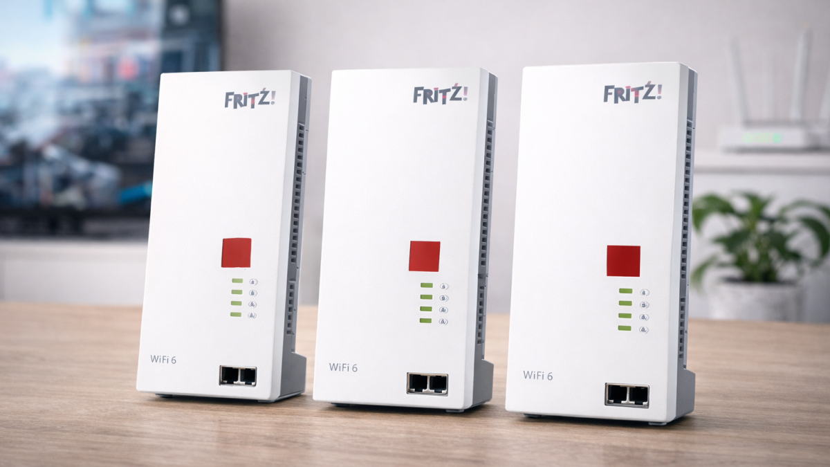 Drie AVM FRITZ! mesh wifi-repeaters met Wi-Fi 6 in een moderne woonomgeving
