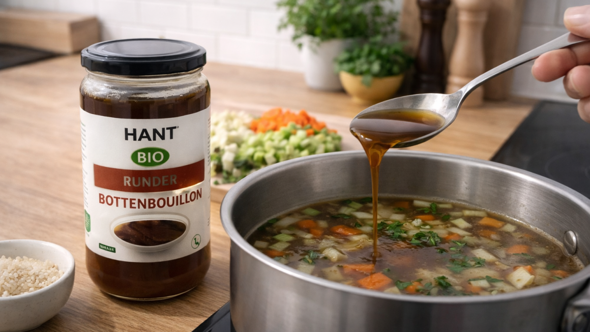 HANT runder bottenbouillon wordt toegevoegd aan een pan met soep in de keuken