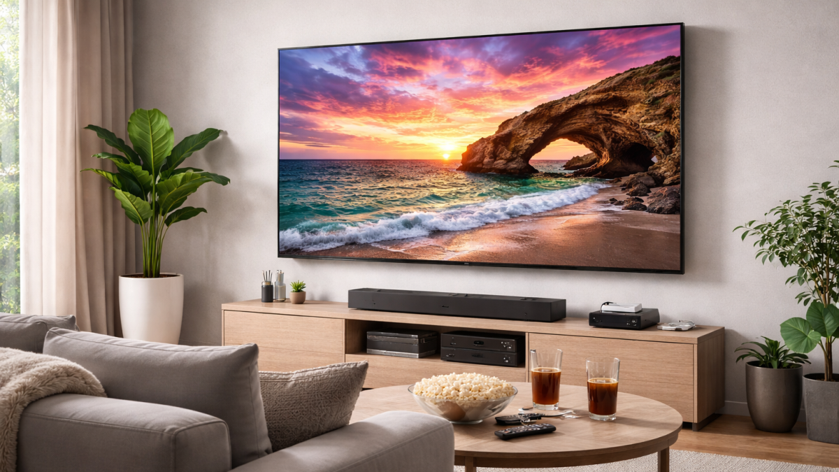 Grote 75 inch QLED televisie aan de muur in een moderne woonkamer met filmavondsetting