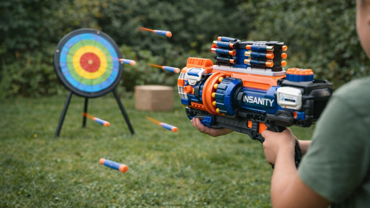 Kind gebruikt een dartblaster om op een doelwit te schieten tijdens buitenspelen