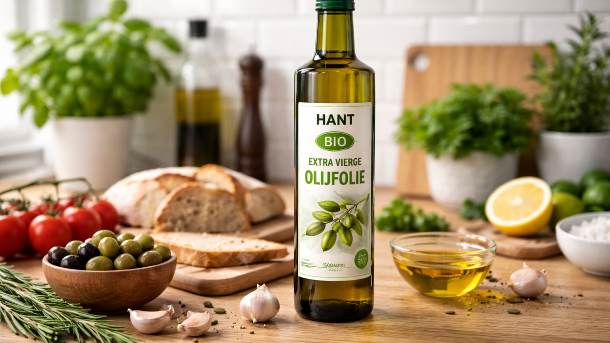 HANT BIO extra vierge olijfolie in glazen fles op een keukenaanrecht met verse ingrediënten