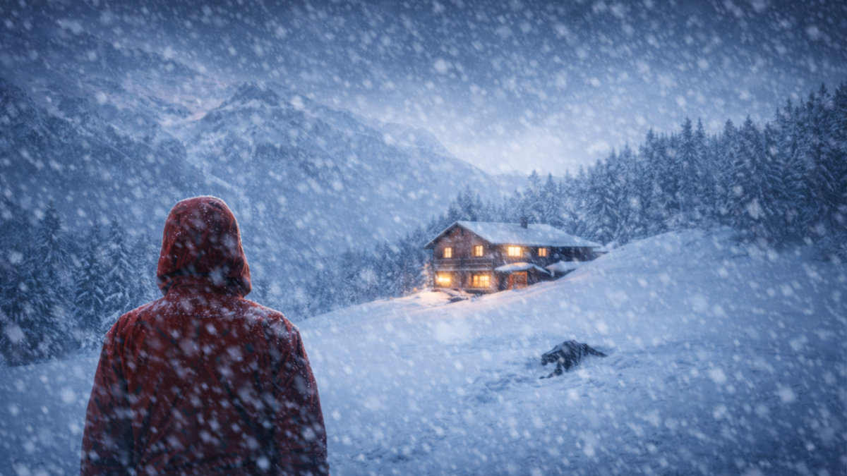 Winterse thriller sfeer met besneeuwd landschap, afgelegen chalet en een persoon in rode jas bij vallende sneeuw