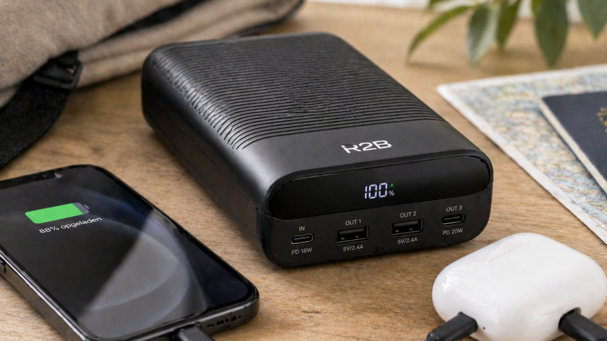 R2B powerbank 30000 mAh met smartphone en draadloze accessoires op tafel