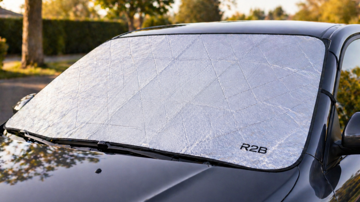 R2B zonnescherm voor auto voorruit geplaatst op geparkeerde auto tegen zon en warmte