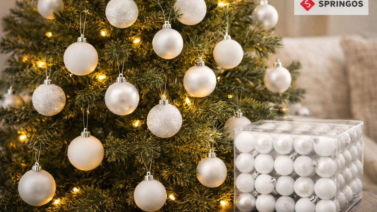 Witte onbreekbare kerstballen in een sfeervol verlichte kerstboom