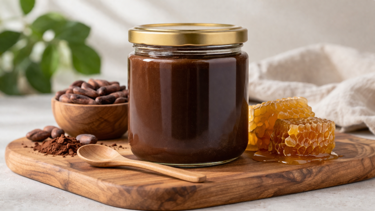 HANT BIO melicao chocovervanger met honing en cacao in glazen pot op houten plank