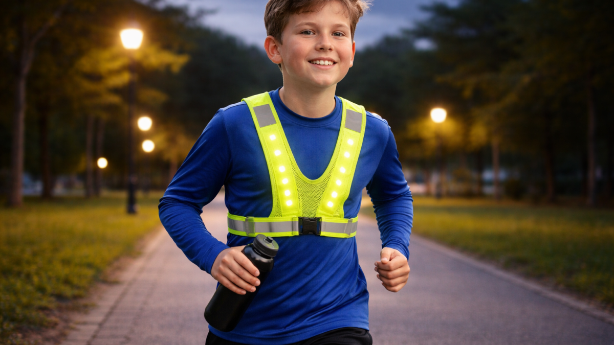 R2B hardloopvest met verlichting gedragen door een kind tijdens hardlopen in het donker