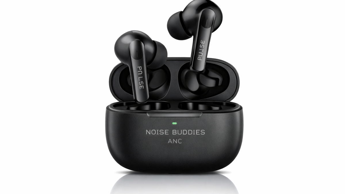 Noise Buddies Pulse zwarte draadloze oordopjes met oplaadcase op bureau