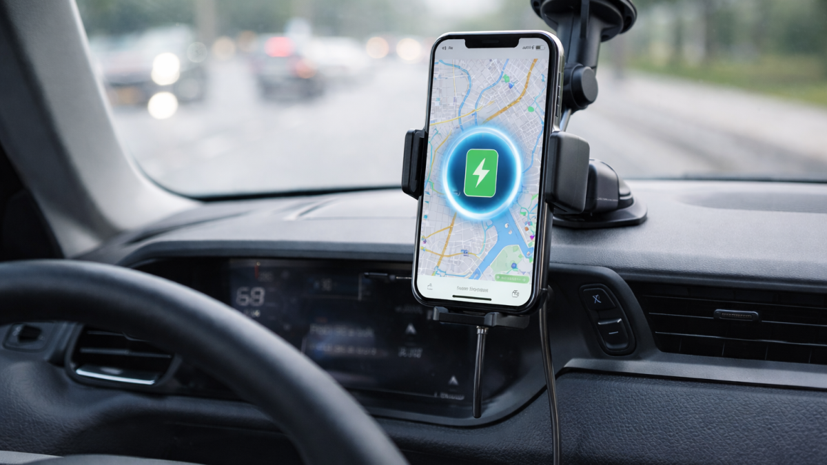 R2B telefoonhouder met draadloze oplader in de auto waarbij een smartphone navigatie toont
