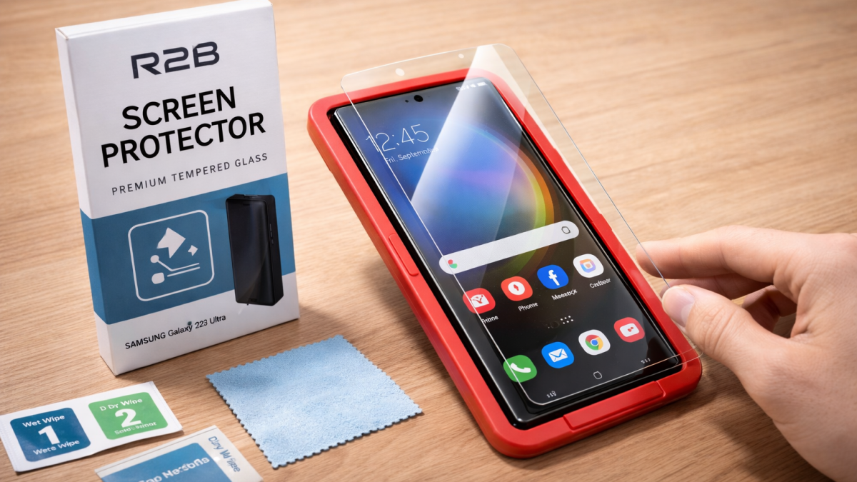 R2B screenprotector wordt aangebracht op een Samsung Galaxy S23 Ultra smartphone