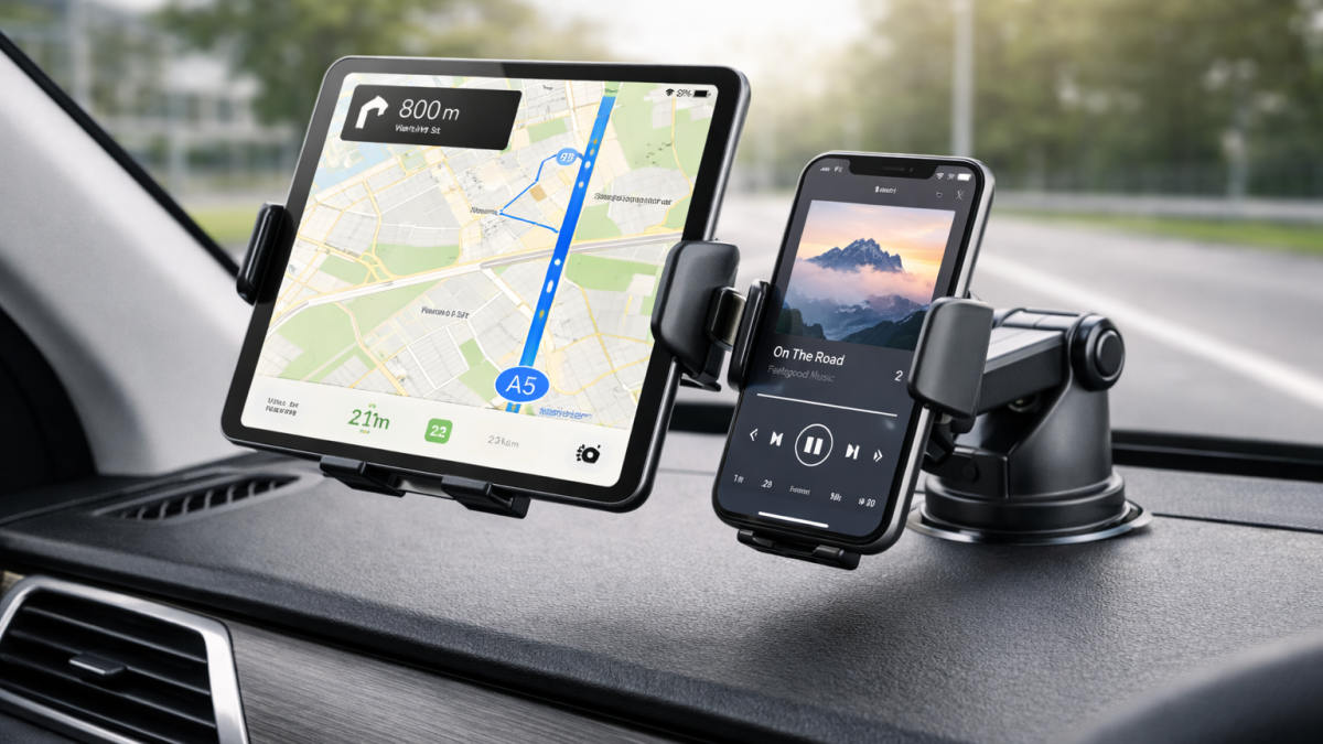 R2B tablet- en telefoonhouder bevestigd in de auto met tablet zichtbaar tijdens het rijden