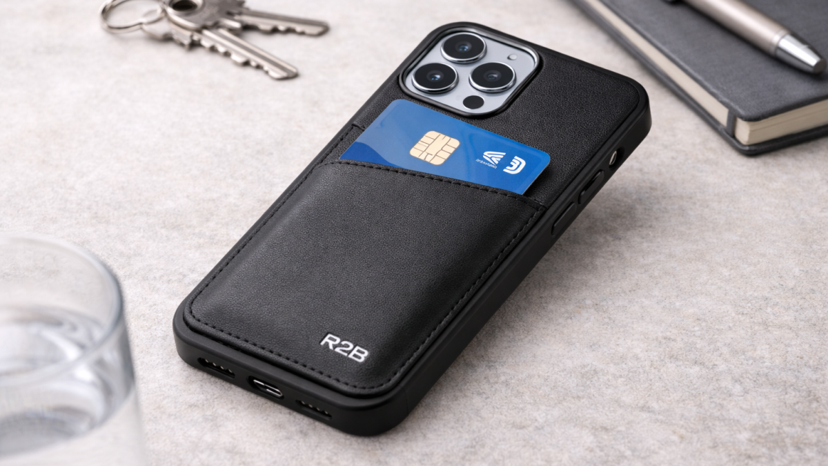 R2B iPhone hoesje met pasjeshouder en pasje aan de achterkant