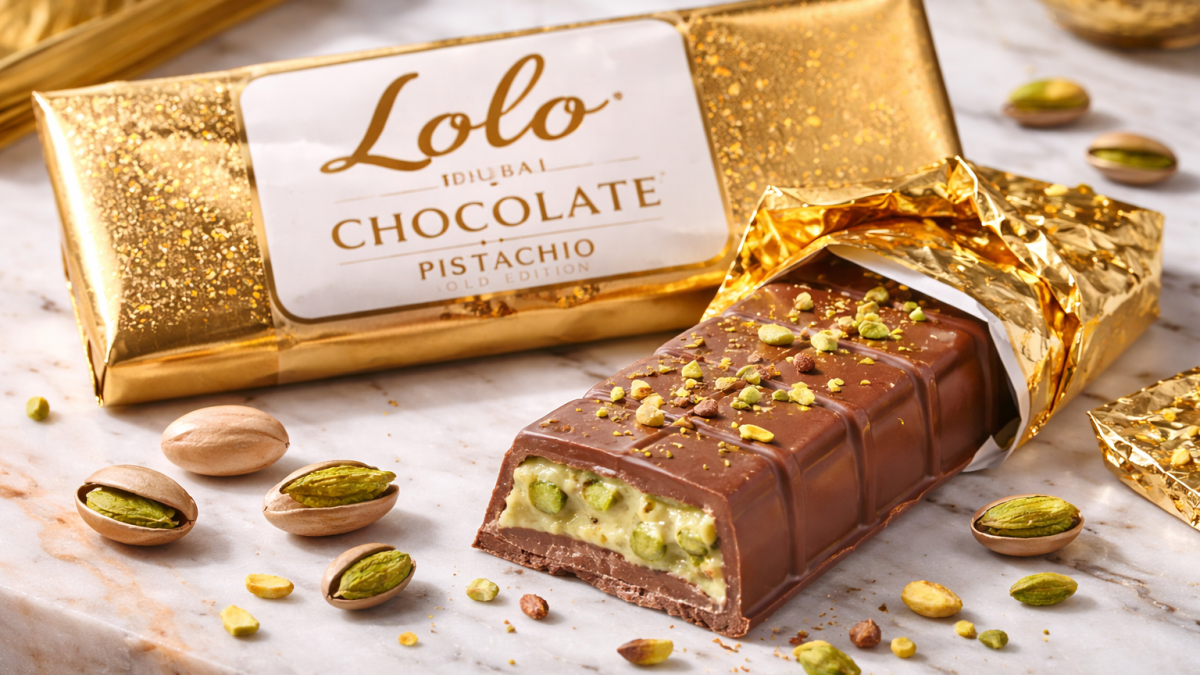 Luxe pistache chocolade reep met romige vulling en gouden verpakking