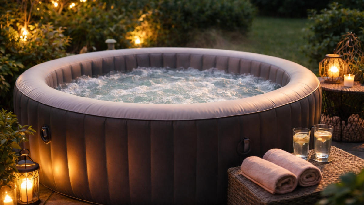 Opblaasbare spa met bubbelmassage in een sfeervol verlichte tuin
