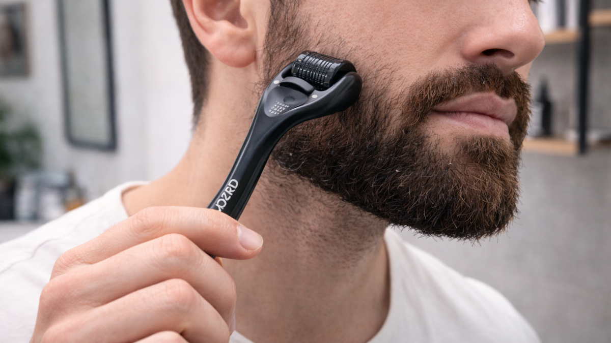 Hozard derma roller wordt gebruikt voor baardverzorging op de huid van een man met baard